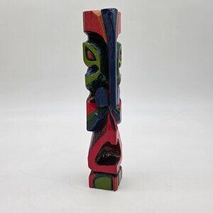 Hand-Carved Painted Wooden Totem Pole Figurine Red Green Blue Accents Signed 9"
